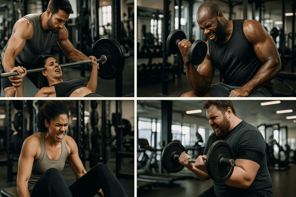 Diverse athletes performing an advanced workout routine using supersets, drop sets, rest-pause, and BFR training in a gym setting