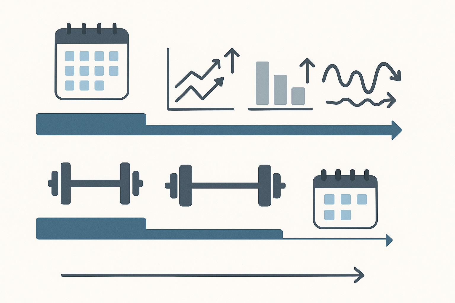 Block periodization timeline illustrating an advanced workout routine with macrocycle, mesocycle, and microcycle icons, plus graphs for intensity, volume, and recovery.