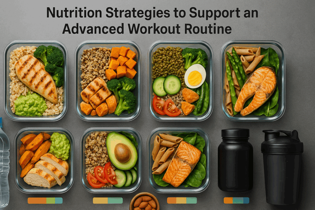 Meal prep containers with high-protein foods, complex carbs, and healthy fats designed for an advanced workout routine