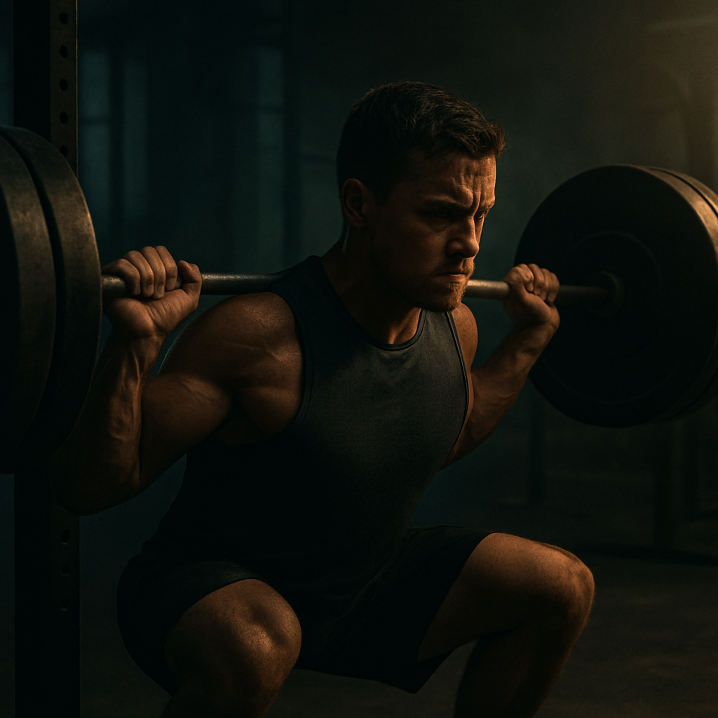 Focused athlete mid-squat in a dim gym, showcasing grit and discipline during an advanced workout routine.