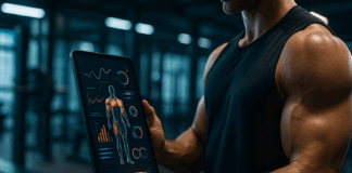 Muscular athlete using tablet with glowing muscle analytics and progress charts inside gym, showcasing rp hypertrophy app login interface.