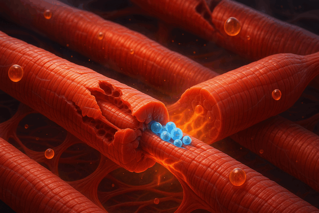 Muscle fibers undergoing microscopic hypertrophy with damage, lactic acid buildup, and repair as visualized in the rp hypertrophy app login strategy