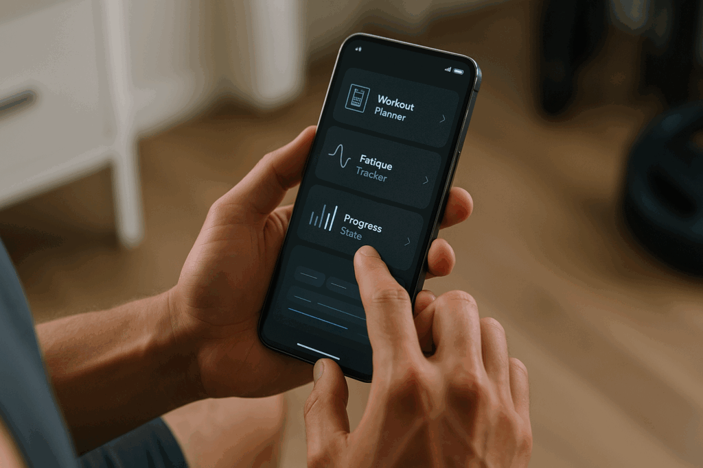 Person navigating the rp hypertrophy app login interface on a smartphone, selecting workout and progress tracking features in a home gym setting