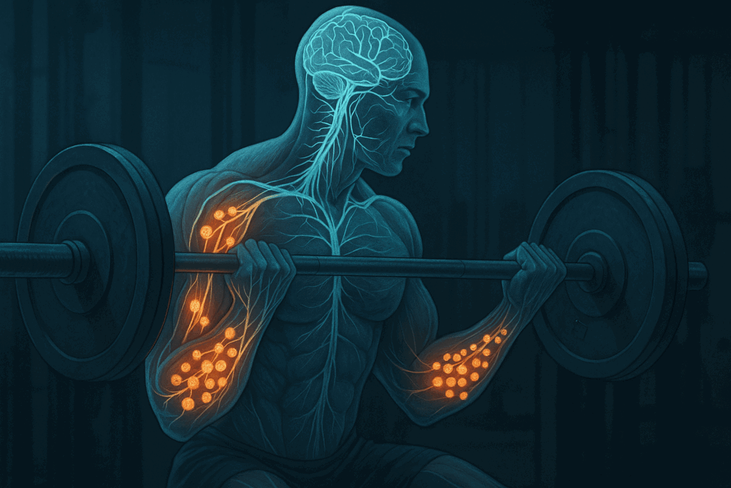Muscular man lifting barbell with visible nervous system and glowing motor units, illustrating neural activation from rp hypertrophy app login training.