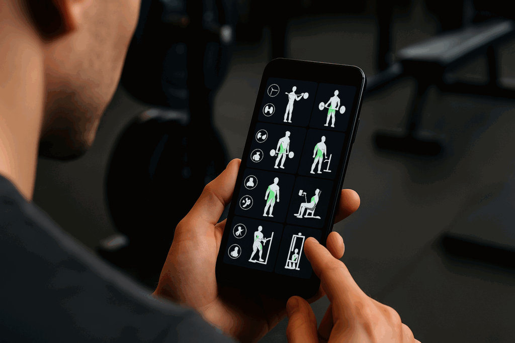 User browsing strength exercises by equipment and muscle group in the rp hypertrophy app login interface on a smartphone at the gym