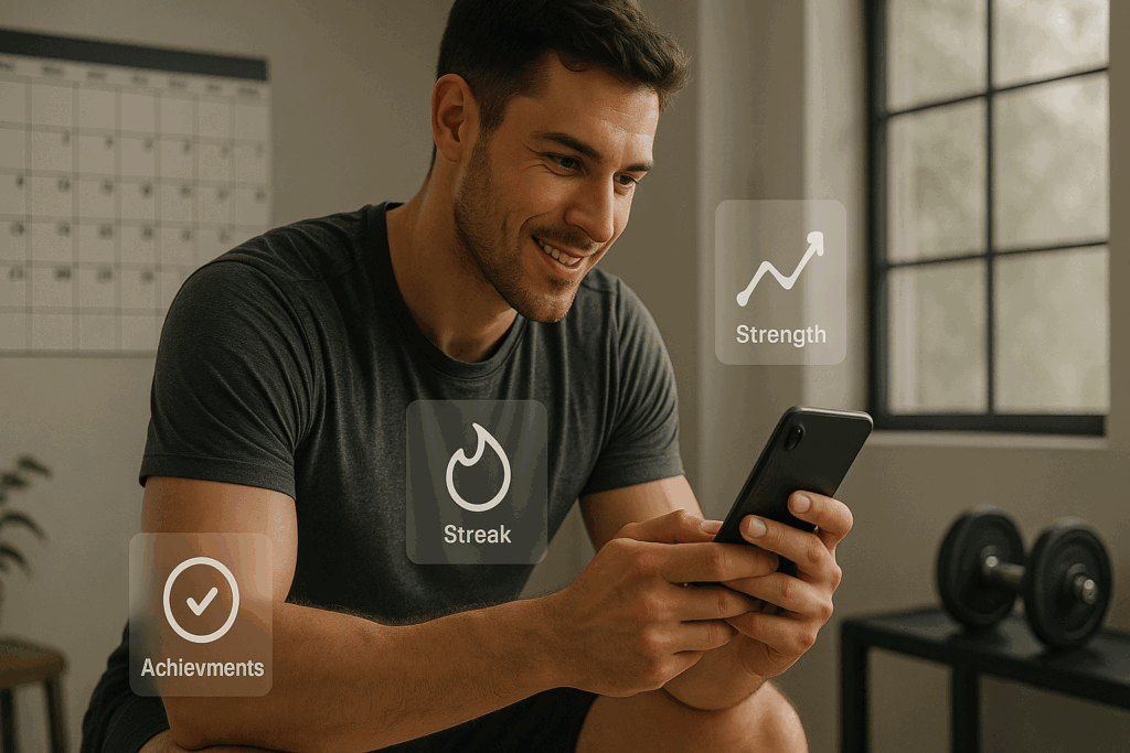 Man using the rp hypertrophy app login to track workout streak, strength progress, and fitness achievements in a distraction-free gym.