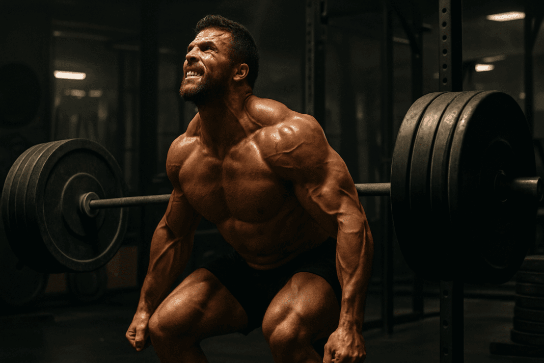 Unlock Powerful Results with This Advanced Muscle Building Program for Strength and Size001 Muscular male bodybuilder performing a heavy deadlift in a gritty gym, demonstrating intensity and strength from an advanced muscle building program