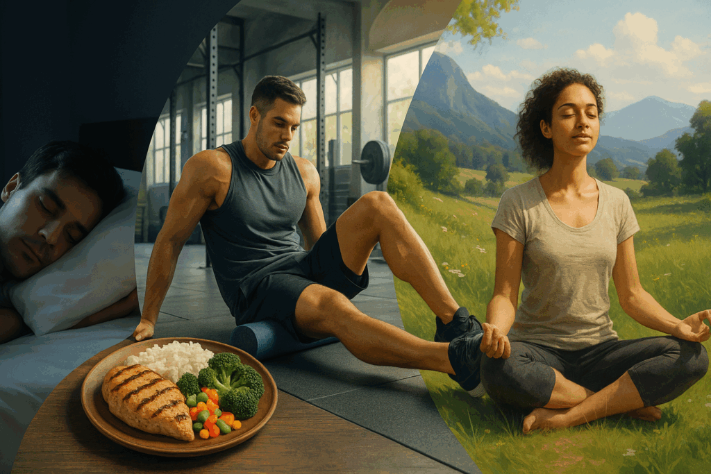 Four-part visual of an advanced muscle building program recovery plan with sleep, foam rolling, healthy meal, and meditation in nature
