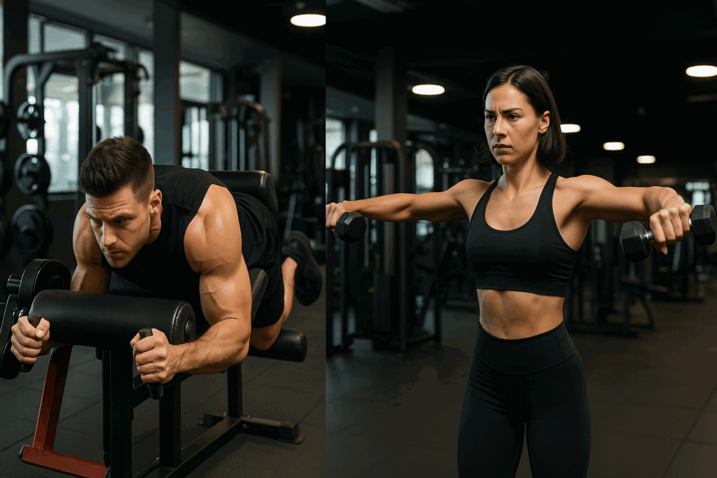 Two athletes performing isolation exercises in a modern gym as part of an advanced muscle building program—leg curls for hamstrings and lateral raises for shoulders