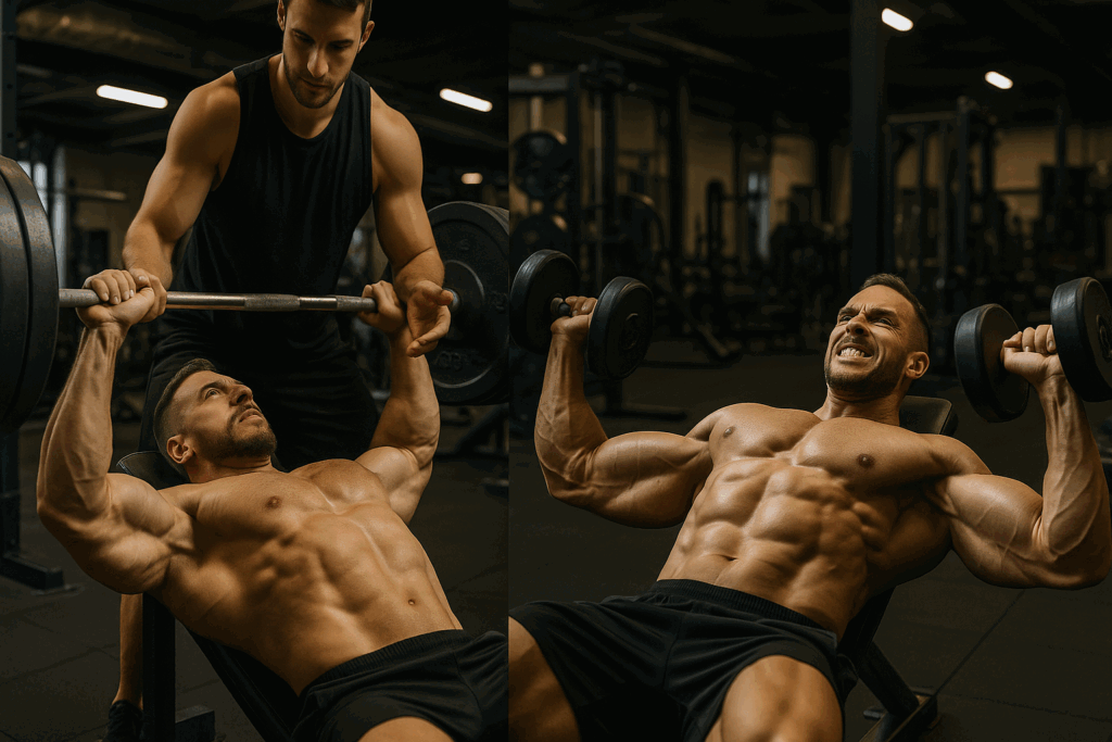 Bodybuilder performing bench press and dumbbell flyes in a gym, illustrating an advanced muscle building program.