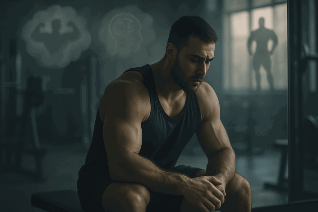 Bodybuilder sitting alone in a dimly lit gym, reflecting in front of a mirror, symbolizing the mental challenges of an advanced muscle building program.