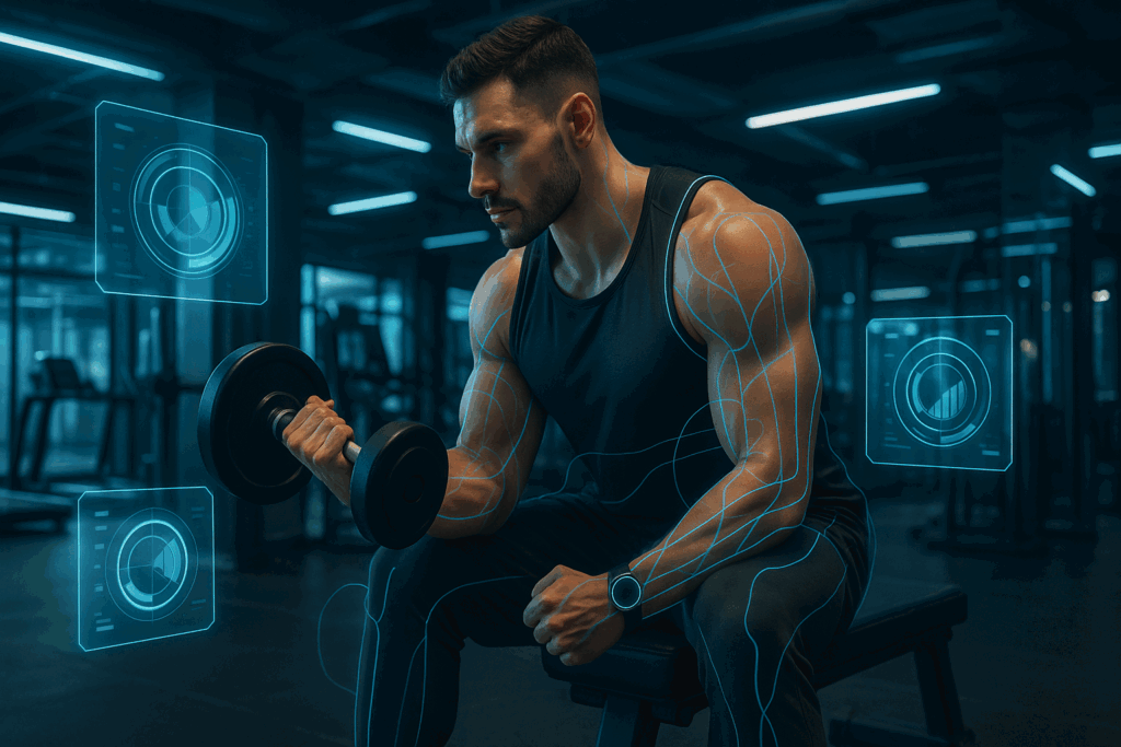 Bodybuilder lifting dumbbells in a futuristic gym with digital overlays, illustrating an advanced muscle building program using wearable tech.