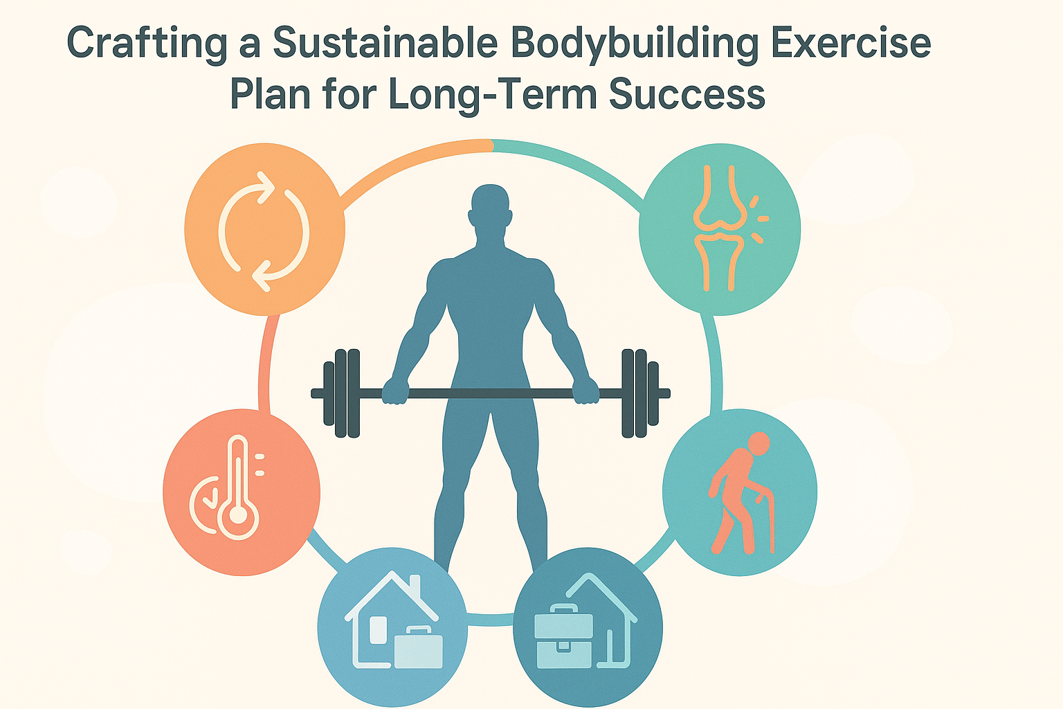 Diagram of a balanced athlete surrounded by icons representing components of an advanced muscle building program, including exercise rotation, joint care, aging adjustments, warm-ups, and work-life balance