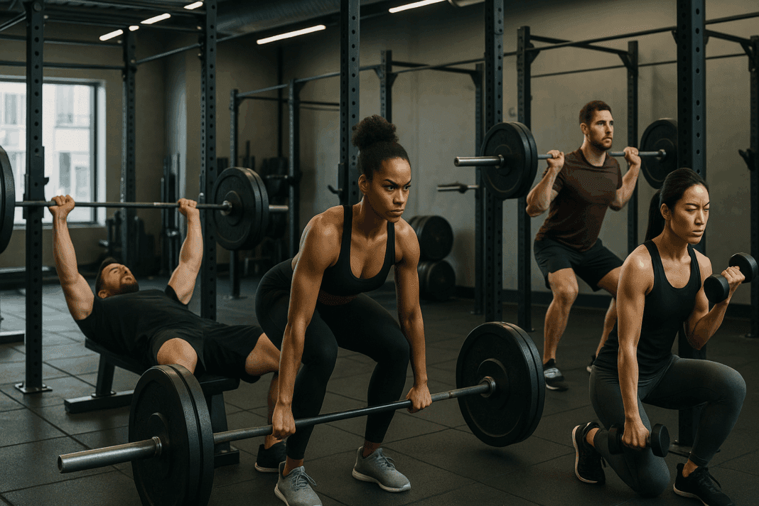 Unlock Powerful Results with This Proven 5 Day Split for Strength and Muscle Gains001 Diverse group training in a modern gym, each focused on a different lift—bench press, deadlift, squat, and curls—illustrating a structured 5 day split workout.
