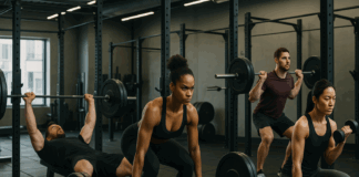 Diverse group training in a modern gym, each focused on a different lift—bench press, deadlift, squat, and curls—illustrating a structured 5 day split workout.