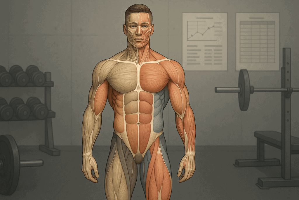 Muscle anatomy diagram of a fit man in a gym, highlighting isolated muscle groups to illustrate 5 day split training structure