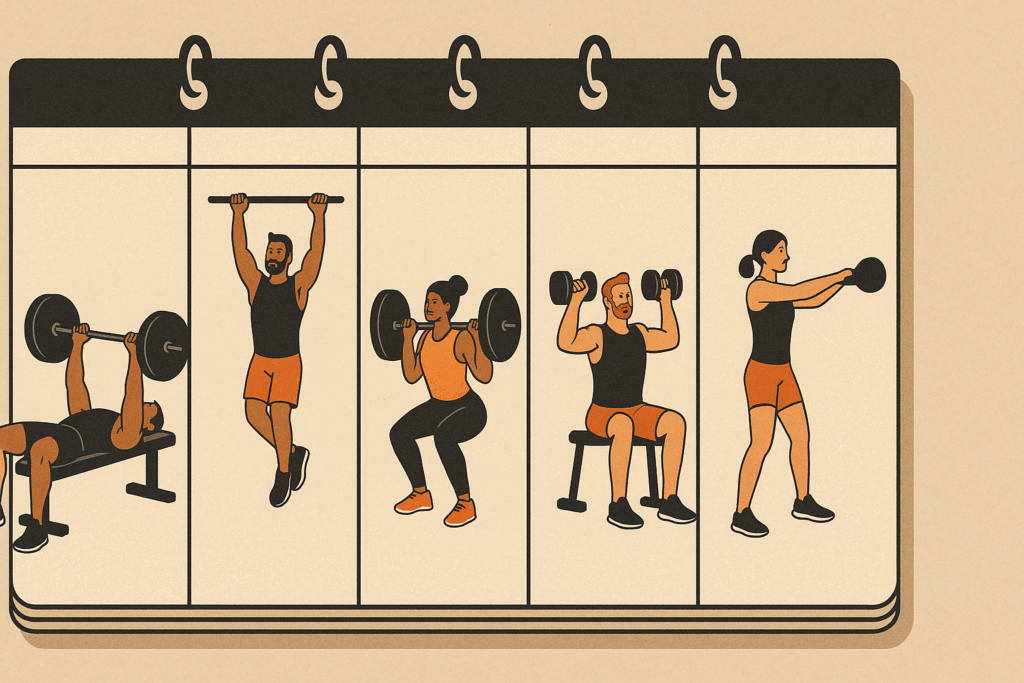 Stylized gym planner showing a 5 day split with athletes doing bench press, pull-ups, squats, shoulder press, and kettlebell swings
