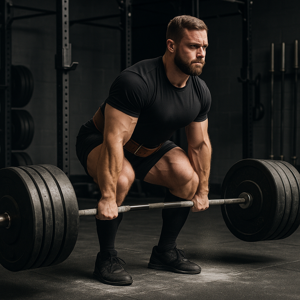 Powerlifter executing a heavy deadlift with perfect form in a gym, highlighting strength training in a 5 day split routine