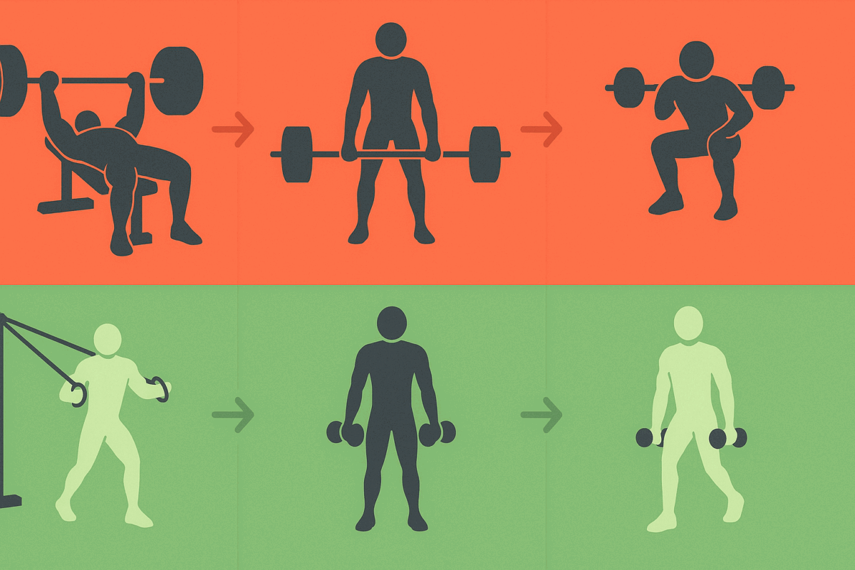 Infographic showing a 5 day split workout with heavy barbell training and light dumbbell exercises in a weekly push-pull-legs cycle