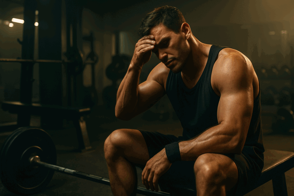 Exhausted athlete resting on bench in dim gym during intense 5 day split workout