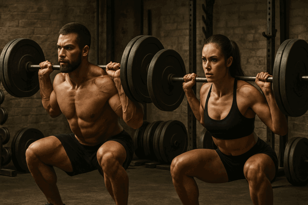 Muscular man and woman squatting heavy barbells side by side in a gritty gym environment for a 5x5 workout.