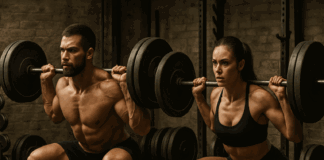 Muscular man and woman squatting heavy barbells side by side in a gritty gym environment for a 5x5 workout.