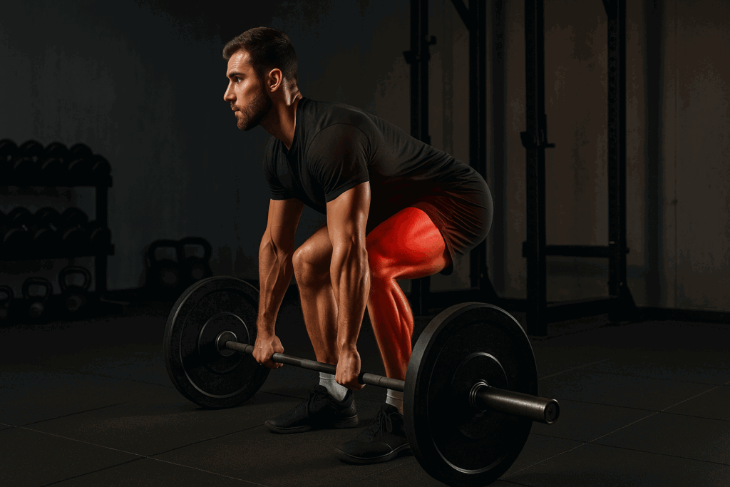Side view of a man deadlifting in a functional gym, highlighting posterior chain activation during a 5x5 workout.