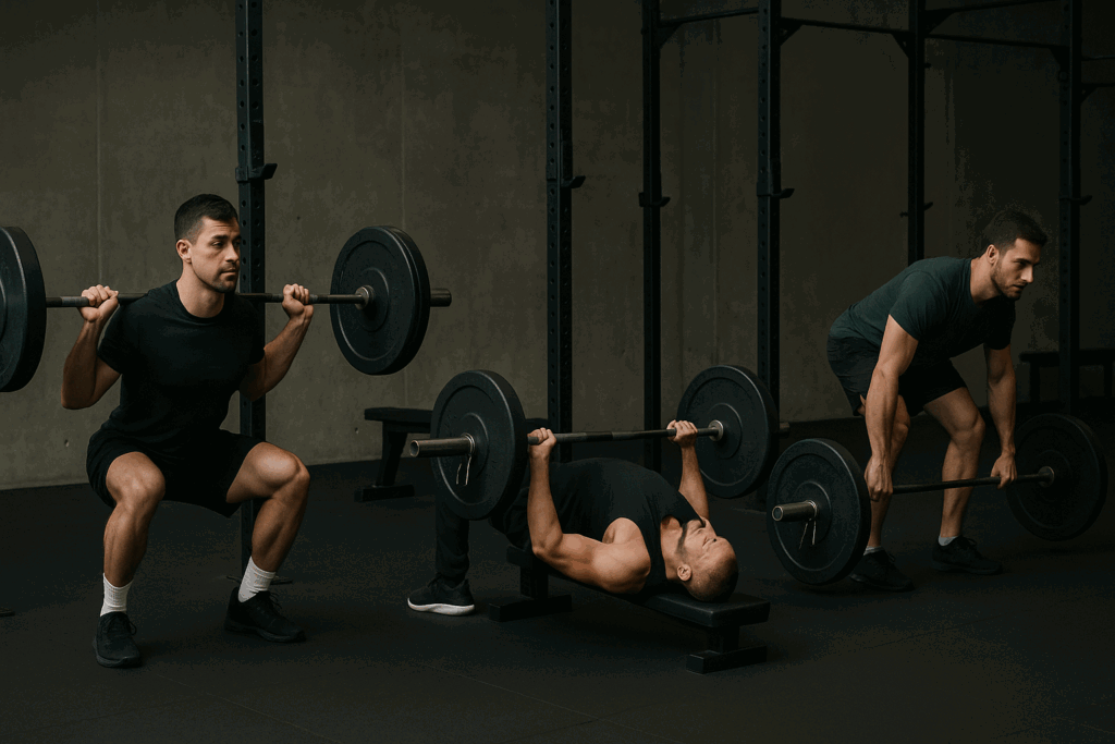 Three men demonstrating compound lifts—squat, bench press, and barbell row—during a 5x5 workout in a minimalist gym.