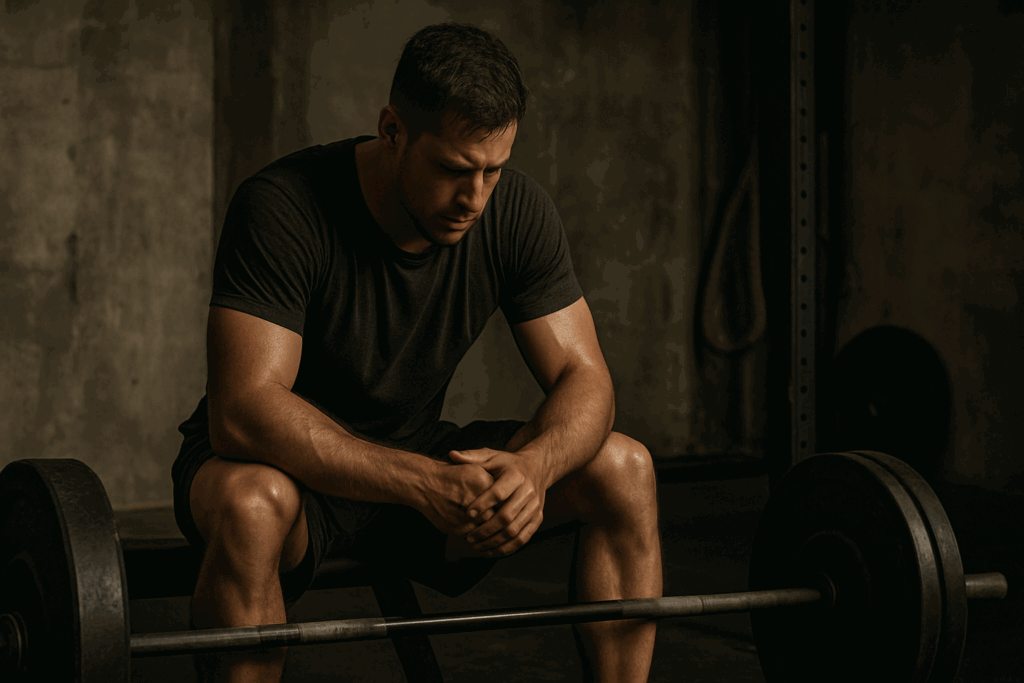 Athlete resting between sets in a gritty gym after intense 5x5 workout, showing sweat, focus, and mental resilience.