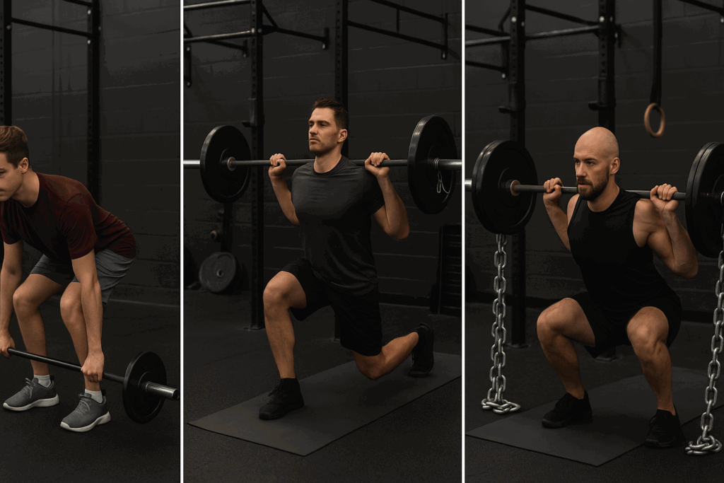 Three lifters at beginner, intermediate, and advanced levels performing barbell variations in a 5x5 workout gym setting.