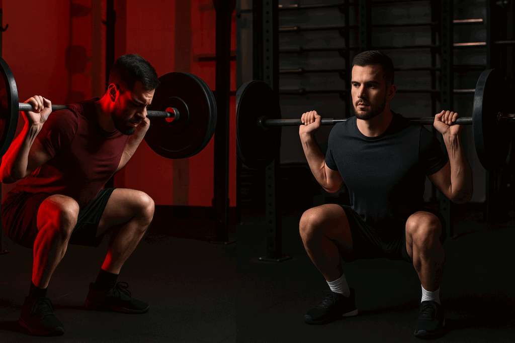 Man squatting with poor form beside another using perfect technique, illustrating common mistakes in a 5x5 workout.