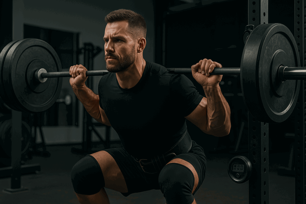 Man performing a paused squat with heavy weights and lifting gear in a gym, demonstrating advanced technique in a 5x5 workout.