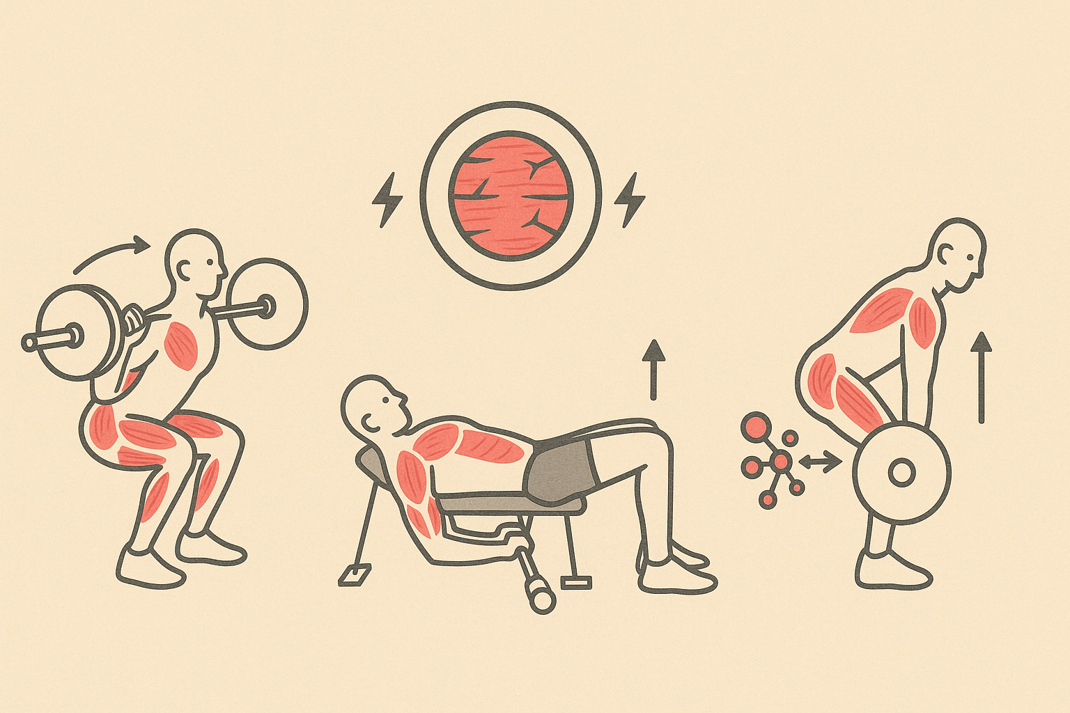 Visual diagram of muscle activation, microtears, and metabolic stress during compound lifts in a 5x5 workout.