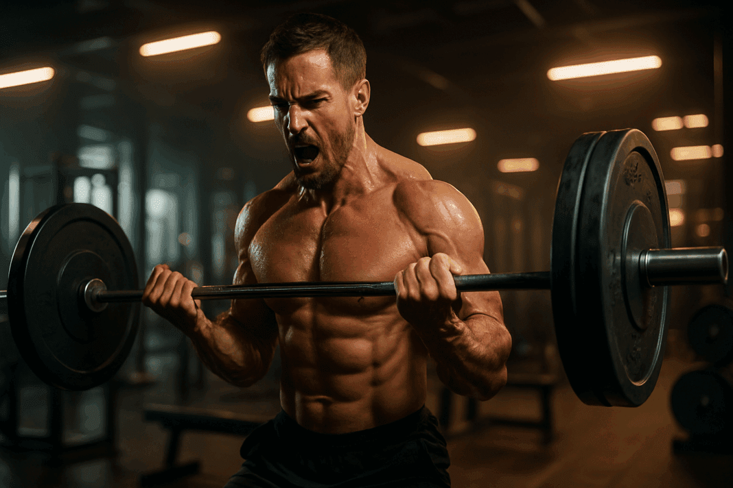 Unlock Powerful Strength Gains Proven Tips from a Guy Working Out at Gym_01 Muscular guy working out at gym curling a heavy barbell under dramatic lighting, sweat glistening and intense focus.