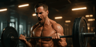 Muscular guy working out at gym curling a heavy barbell under dramatic lighting, sweat glistening and intense focus.