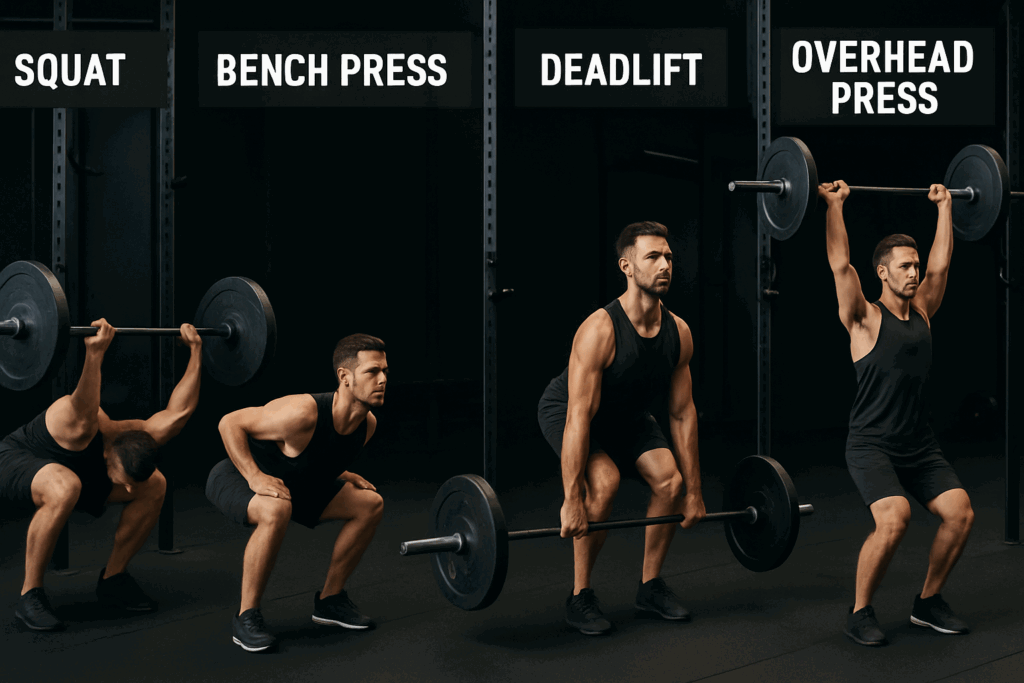 Composite image of a fit guy working out at gym demonstrating squat, bench press, deadlift, and overhead press with proper form.