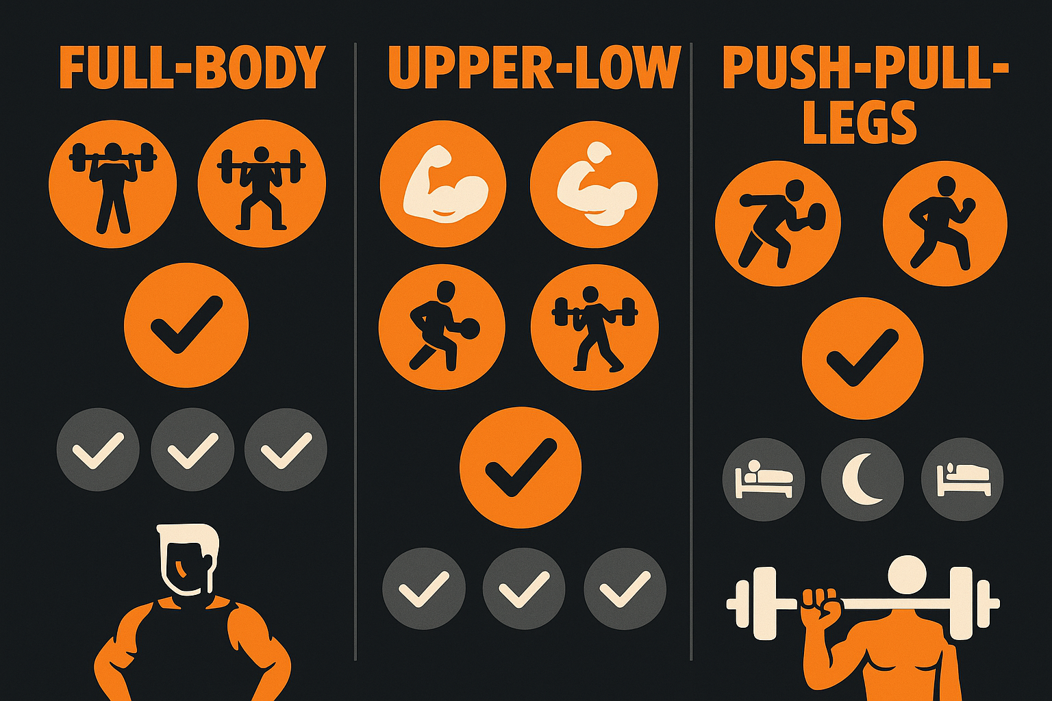 Infographic showing three training splits—full-body, upper-lower, and push-pull-legs—ideal for a guy working out at gym.