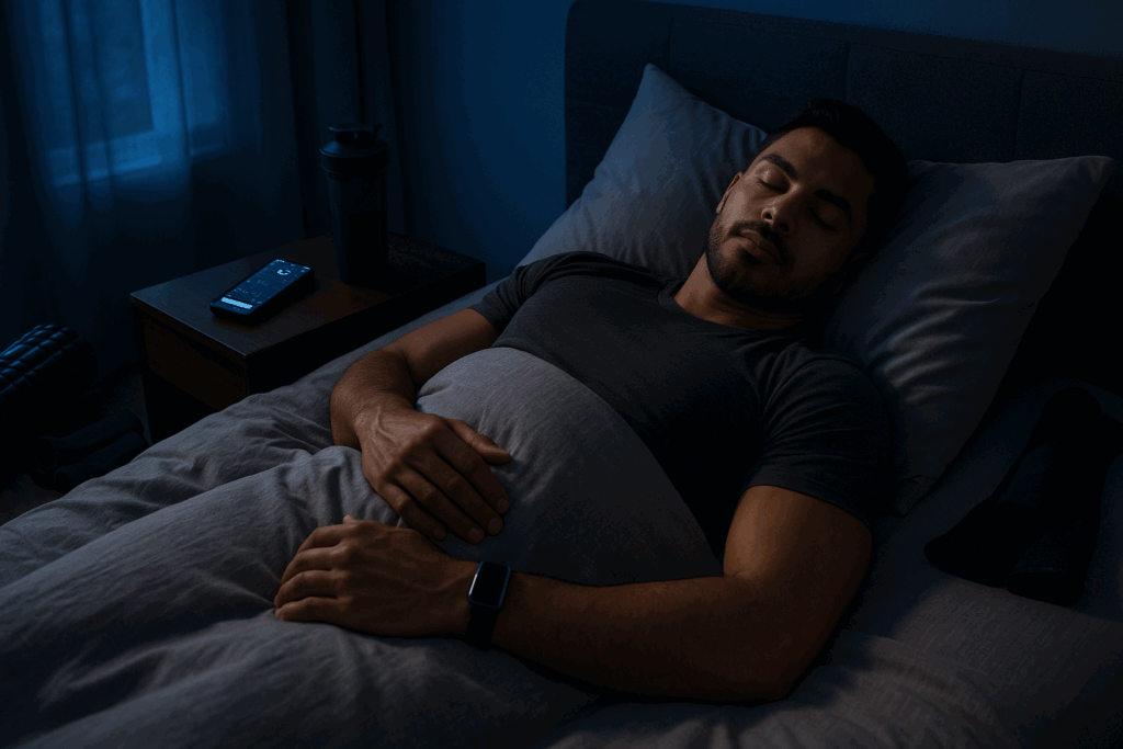 Guy working out at gym prioritizing recovery, shown sleeping with fitness tracker, protein shaker, and recovery gear nearby.