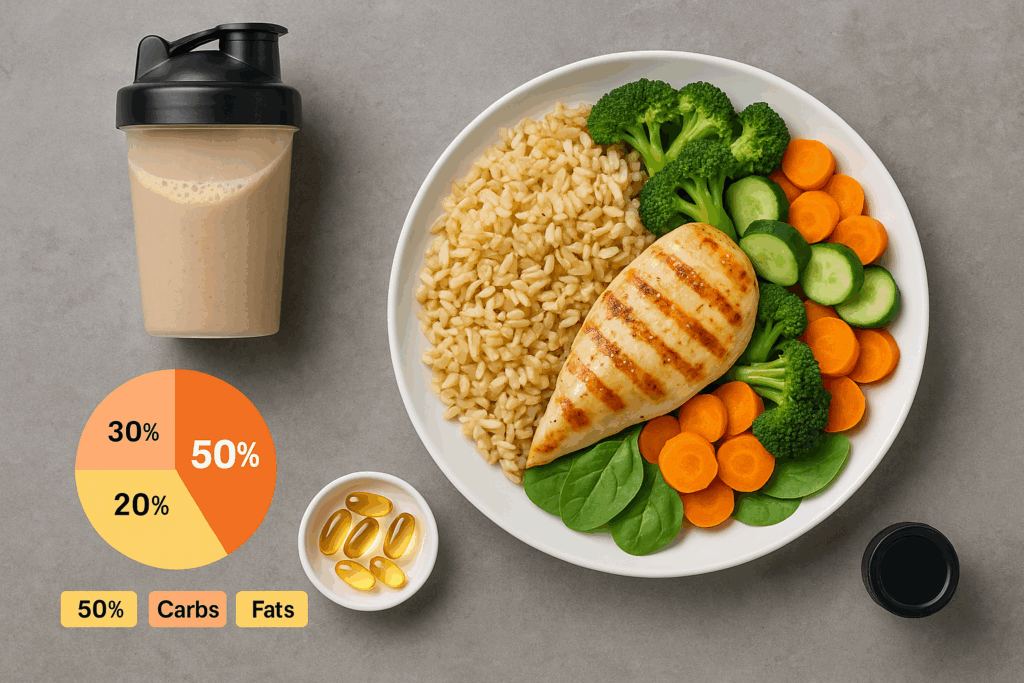 Balanced post-workout meal with grilled chicken, brown rice, vegetables, and supplements designed for a guy working out at gym.