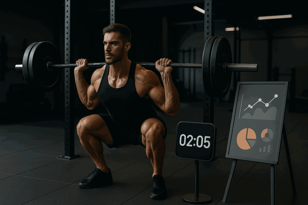 Muscular guy working out at gym performing a tempo squat with timer and performance charts nearby to track training techniques.