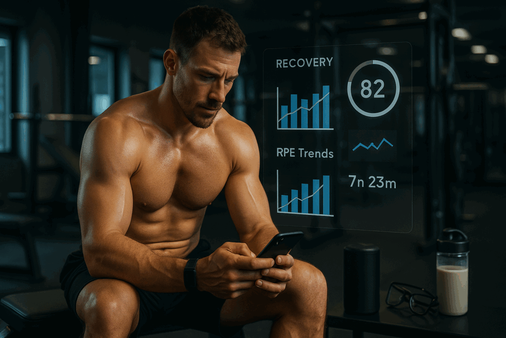 Guy working out at gym tracking strength gains and recovery on a fitness app with wearable data and RPE charts displayed.