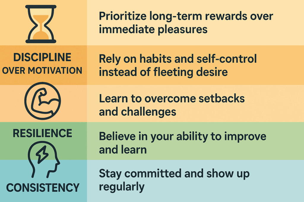 Motivational infographic showing mindset shifts that help a guy working out at gym stay consistent, resilient, and focused on long-term goals.