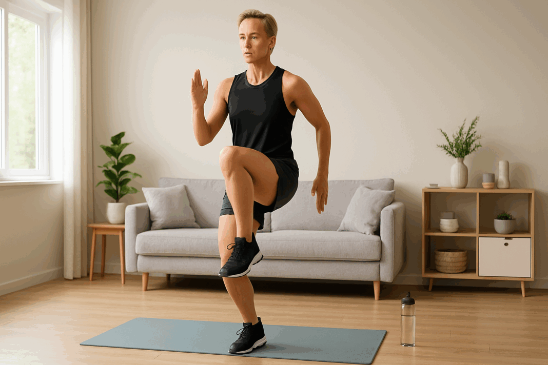 Fit person doing high knees on a yoga mat in a bright modern living room during an at home cardio workout to burn fat