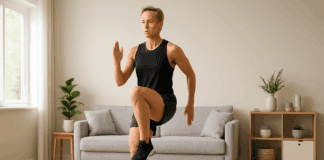 Effortless Fat Loss: The Most Effective At Home Cardio Workout to Burn Fat Fit person doing high knees on a yoga mat in a bright modern living room during an at home cardio workout to burn fat