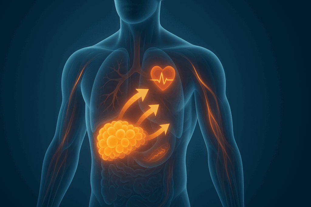 Anatomical illustration of fat cells being metabolized with glowing energy pathways, representing at home cardio workout to burn fat.