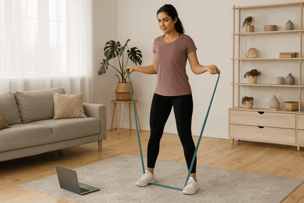 Woman doing an at home cardio workout to burn fat using resistance bands in a cozy living room with a laptop playing a fitness video
