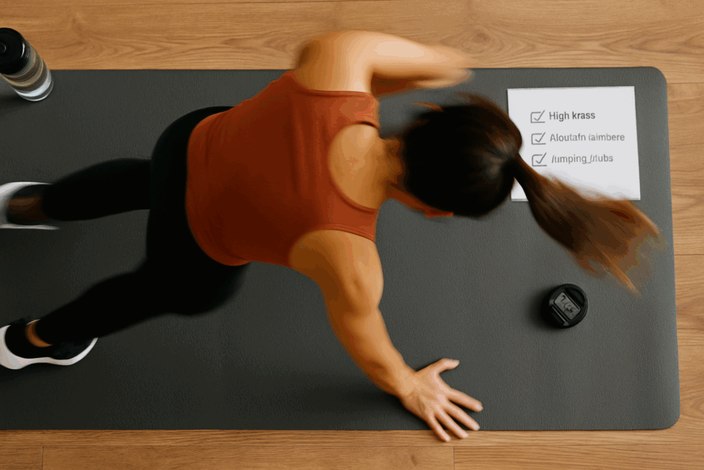 "Top-down view of a woman doing mountain climbers on a yoga mat during an at home cardio workout to burn fat."
