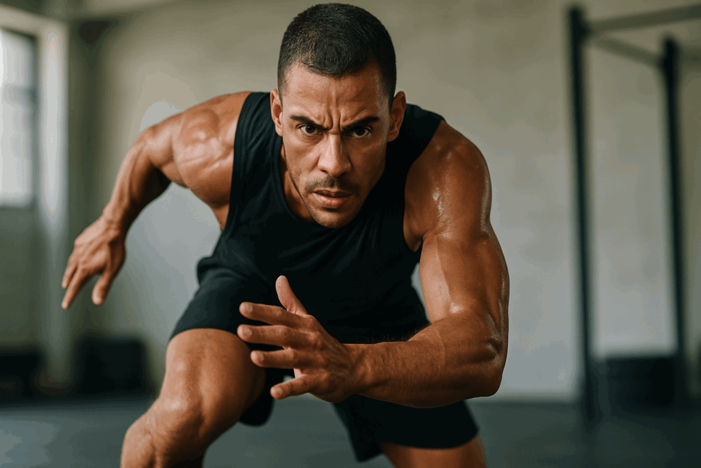 Man doing intense skater hops in a gym, sweating and focused during an at home cardio workout to burn fat.