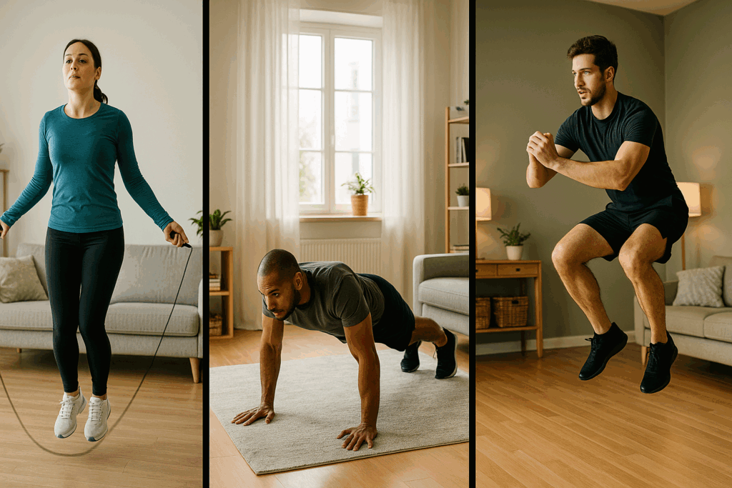 Triptych of three people doing jump rope, burpees, and squat jumps in home settings as part of an at home cardio workout to burn fat.