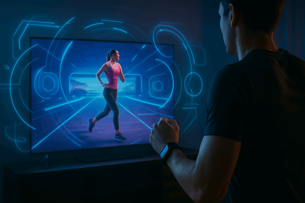 Person wearing a smart fitness tracker doing an at home cardio workout to burn fat with a futuristic VR display and holographic performance data.